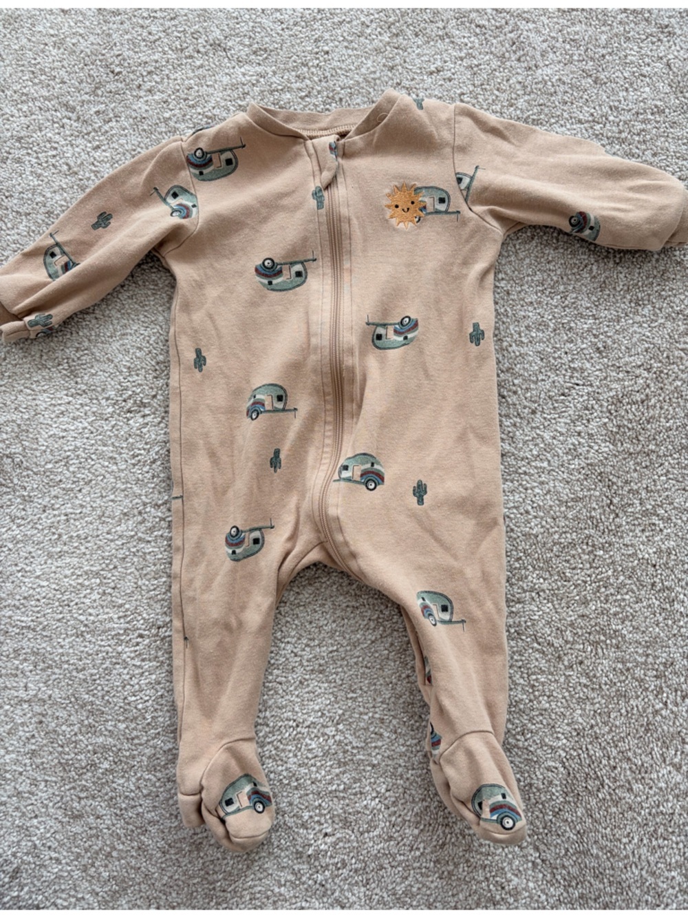 Beige Baby Zip Sleeper with Camper Print